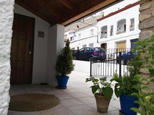 um alpendre com vasos de plantas em frente a um edifício em El rincon de Paco em Segura de la Sierra