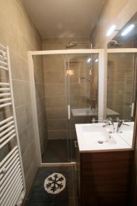 a bathroom with a shower and a sink and a mirror at Les Chalets Du Grand Galibier in Valloire