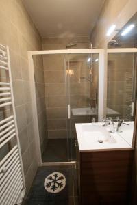 ヴァロワールにあるLes Chalets Du Grand Galibierのバスルーム(シャワー、シンク、鏡付)