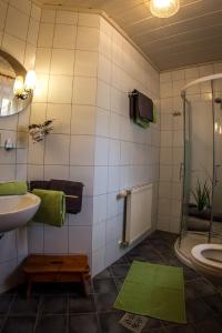 a bathroom with a sink and a shower and a toilet at Weingut Stoff in Kitzeck im Sausal