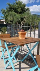 una mesa de picnic de madera con una maceta de flores. en Residenza Cieloterra, en Rivotorto