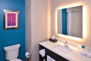 a bathroom with a toilet and a sink and a mirror at Holiday Inn Express and Suites Bryant - Benton Area, an IHG Hotel in Bryant