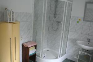 a bathroom with a shower and a sink at Ferienhaus Katja in Wienrode +16 photos