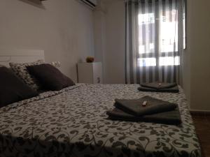1 dormitorio con 1 cama grande y 2 toallas. en Diskover Pintor Gisbert, en Alicante