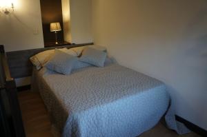 a bedroom with a bed with blue sheets and pillows at Lavender Apartment in Argelès-sur-Mer