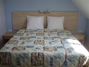 a bed with two pillows and a quilt on it at La Terrasse des Oliviers in Mansigné