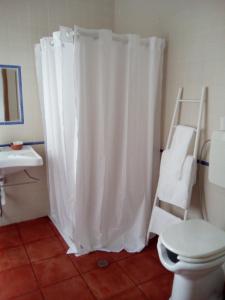 uma casa de banho com uma cortina de chuveiro branca e um WC. em Casa Da Planicie em Reguengos de Monsaraz