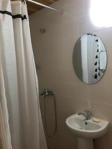 y baño con cortina de ducha y lavamanos. en Guest House na Vozba 9A, en Gudauta