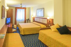 una camera d'albergo con due letti e una televisione di Hotel Benaco a Torbole