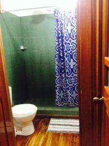 een badkamer met een toilet en een blauwe en witte douche bij Lemon House Monteverde in Monteverde Costa Rica
