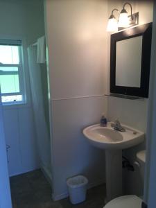 een badkamer met een wastafel, een spiegel en een toilet bij Driftwood by the Sea Inn in Campbell River