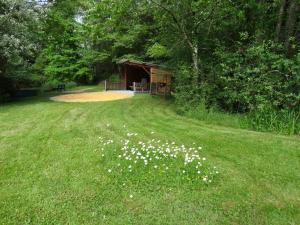 a field of white flowers in front of a building at Chalets du pontot in Le Fay