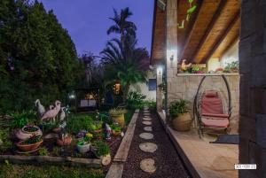 a patio with a garden with plants and a chair at Zemer Lodging in Sede Eli‘ezer