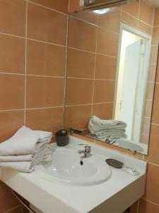 La salle de bains est pourvue d'un lavabo, d'un miroir et de serviettes. dans l'établissement Hotel-appart Les Manguiers, à Saint-Denis