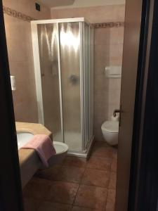 La salle de bains est pourvue d'une douche, d'un lavabo et de toilettes. dans l'établissement Albergo Valle d'Oro, à Albino