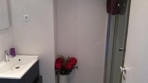 uma casa de banho com um lavatório e um chuveiro com rosas vermelhas em Sesimbra Studio Over the Sea em Sesimbra