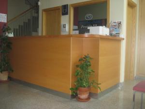 eine Theke mit Topfpflanze in einer Lobby in der Unterkunft Pensión Balcones Azules in Cartagena