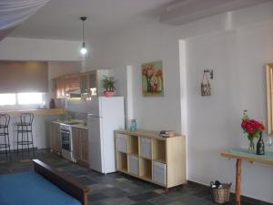 cocina con nevera blanca y encimera en Seascape Apartment en Faliraki