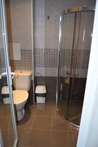 a bathroom with a toilet and a shower at Admiral Plaza Apartments in Sunny Beach