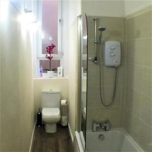 グラスゴーにあるTrefoil Apartment - 2 Bedroomsの小さなバスルーム(トイレ、シャワー付)
