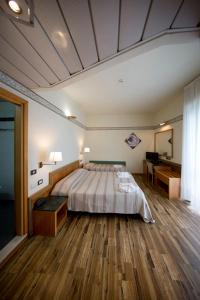 una camera d'albergo con letto e scrivania di Hotel Marina Bay a Rimini