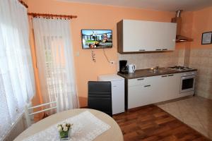 a small kitchen with a sink and a stove at Vila Julija - Apartment & rooms in Otočac