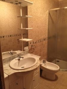 a bathroom with a sink and a shower and a toilet at Eskolazaharra in Oronoz-Mugaire