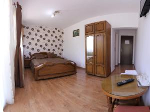 a room with a bed, a desk and a tv at Pensiunea Gaby in Cluj-Napoca