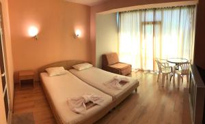 a bedroom with a bed and a table and a chair at Hotel Hawaii in Lozenets