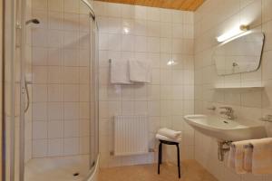 a bathroom with a shower and a sink and a toilet at Hacklhof in Kössen