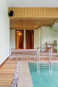 a swimming pool with a table and a chair in a room at Alpine Aria in Kalavrita
