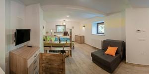 a living room with a couch a chair and a television at Apartments Villa Vesna Pokljuka in Goreljek