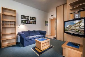 a living room with a blue couch and a tv at ALMET apartmánové štúdio 206 in Donovaly