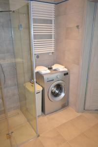 a washing machine in a bathroom with a shower at Apartamenty Willa Nawigator in Gdynia +180 photos