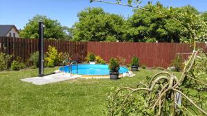 a backyard with a swimming pool and a fence at Studio Glass Vysočina in Škrdlovice
