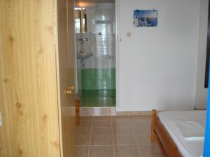 een badkamer met een douche en een wastafel bij Ethra in Patitiri