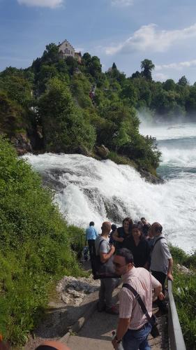 a group of people standing in front of a waterfall at Fewo Near Rheinfall in Jestetten