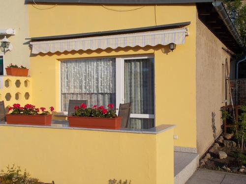 a yellow house with two flower boxes on a window at Urlaub am Malchower See - Wassergrundstück in Malchow