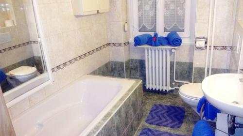 une salle de bain avec une baignoire, des toilettes et un lavabo dans l'établissement Gîte 
