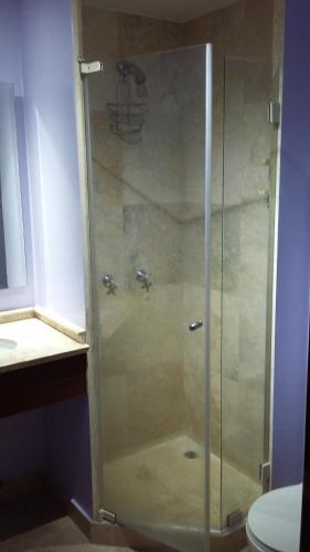 y baño con ducha de cristal y aseo. en Edificio Parque Real Habitación con baño privado, en Quito