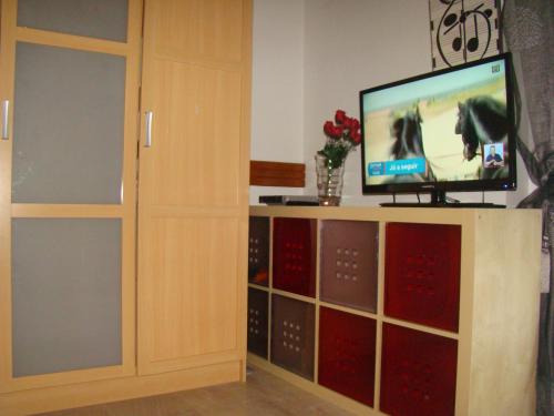 a living room with a tv and a entertainment center at Tejo Apartment in Lisbon