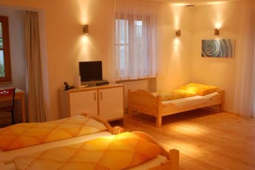 a bedroom with two beds and a television in it at Hotel Andreas Hofer in Dornbirn