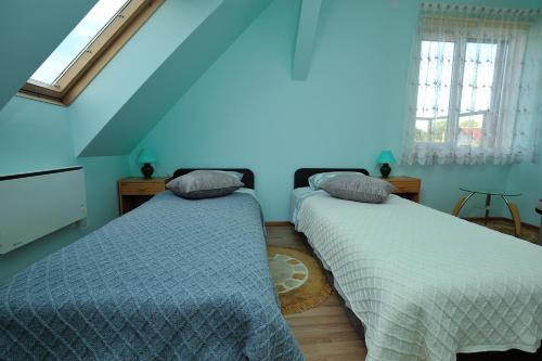 2 camas en una habitación con paredes y ventanas azules en Jaani Külaliskorter en Pärnu
