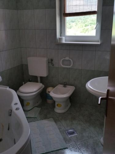 La salle de bains est pourvue de toilettes et d'un lavabo. dans l'établissement Art Apartment Labin, à Labin