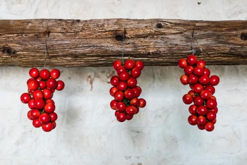 a bunch of red berries hanging from a log at Trullo Picchiagiuda in Ostuni