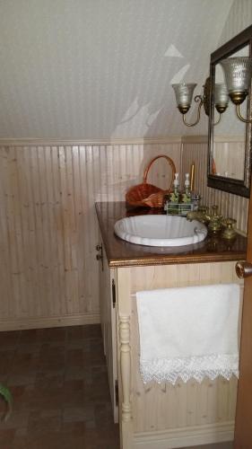 a bathroom with a sink and a mirror at Gite Agricole Les Lilas in Saint Wenceslas