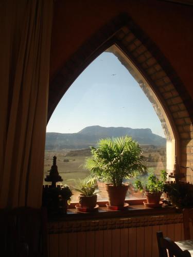 an arched window with potted plants on a window sill at El Churrón in Larrés