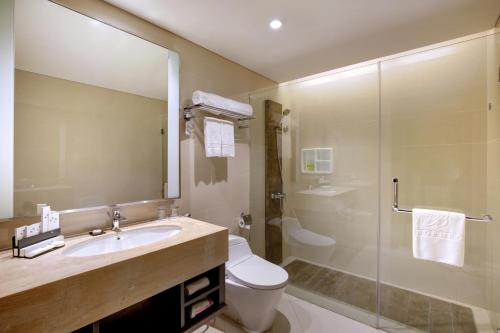 La salle de bains est pourvue de toilettes, d'un lavabo et d'une douche. dans l'établissement Swiss-Belhotel Borneo Banjarmasin, à Banjarmasin