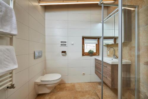 ein Bad mit einem WC und einem Waschbecken in der Unterkunft Landhaus Zirmhof in Saalbach-Hinterglemm