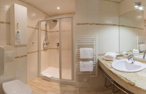a bathroom with a shower and a sink and a toilet at Hôtel Bella Vista in Porto Ota